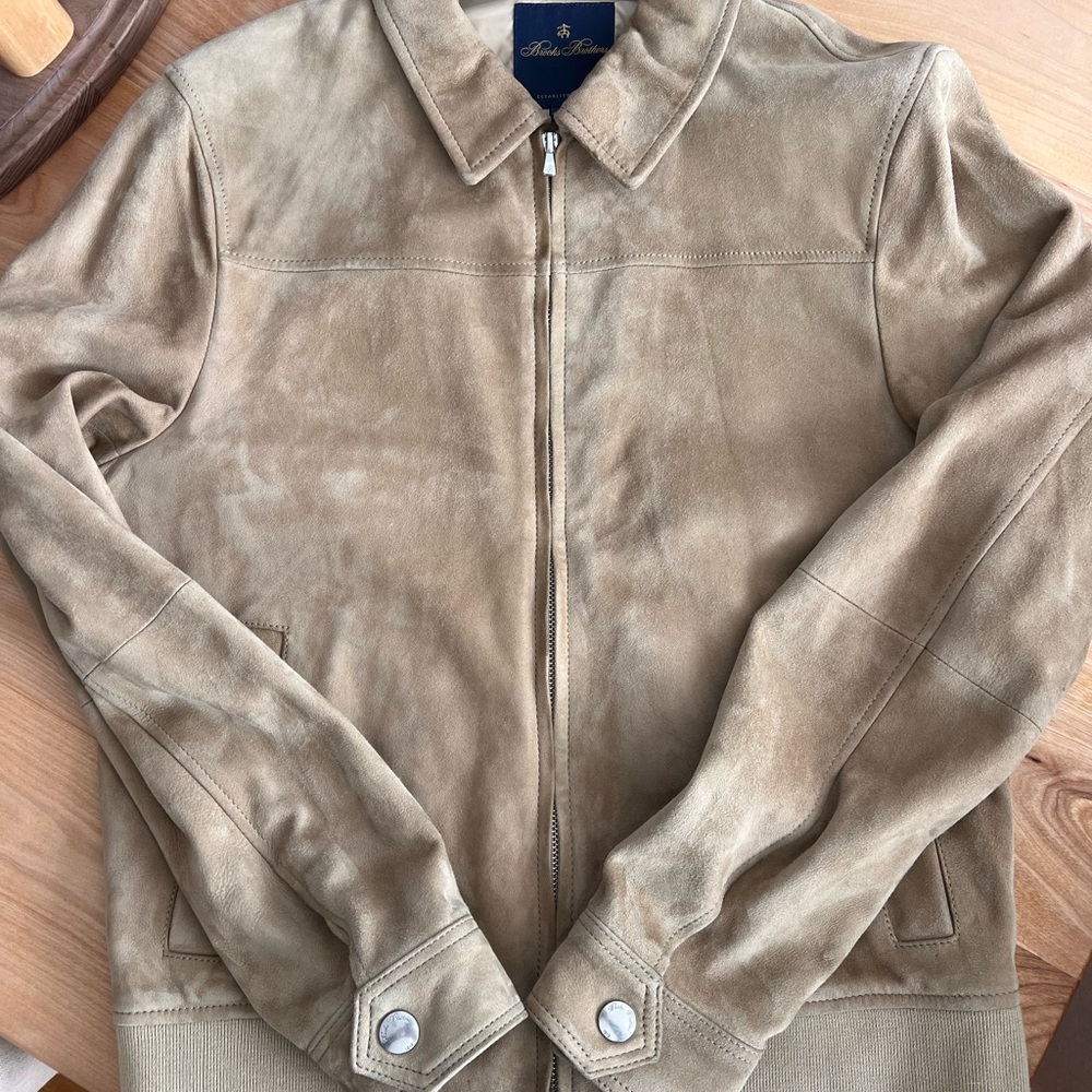 Brooks Brothers Suede Bomber Jacket in Beige NWOT used ONCE